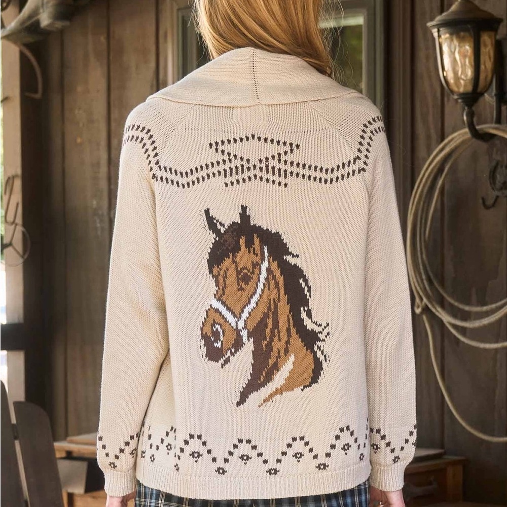 NWOT Size M Joa HORSE JACQUARD SHAWL KNIT CARDIGAN